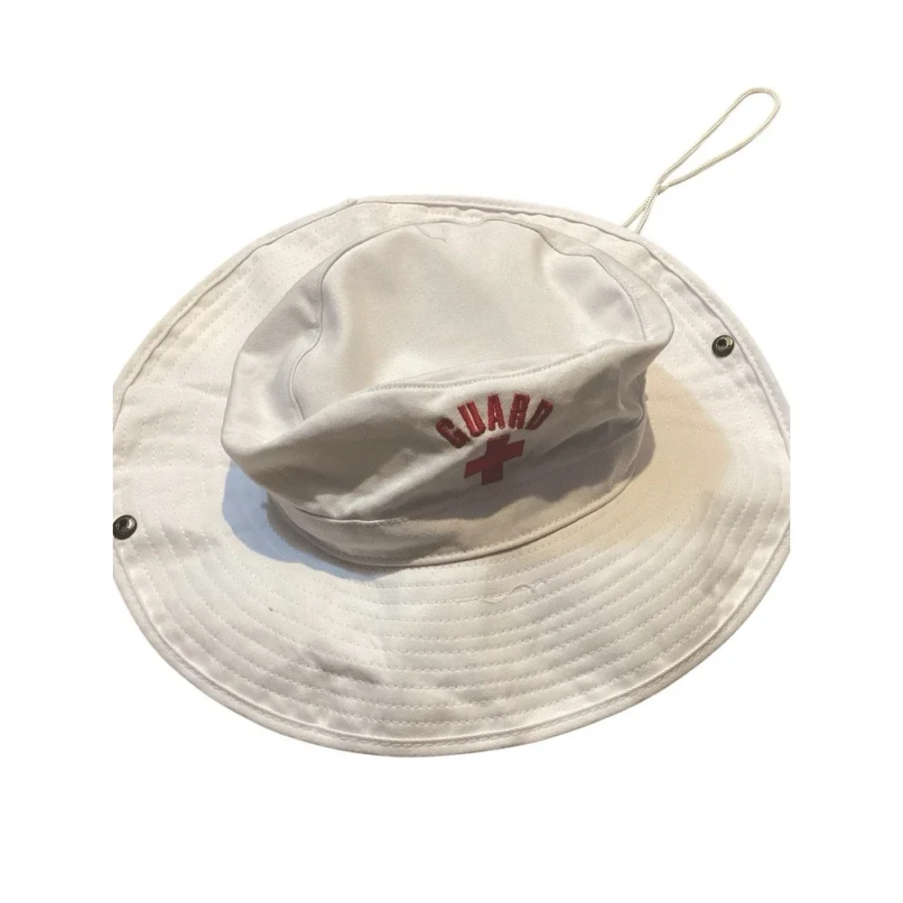 Vintage Blarix LIFEGUARD Wide Brim Beach Sun Hat White Red Cotton + Yogi T Shirt